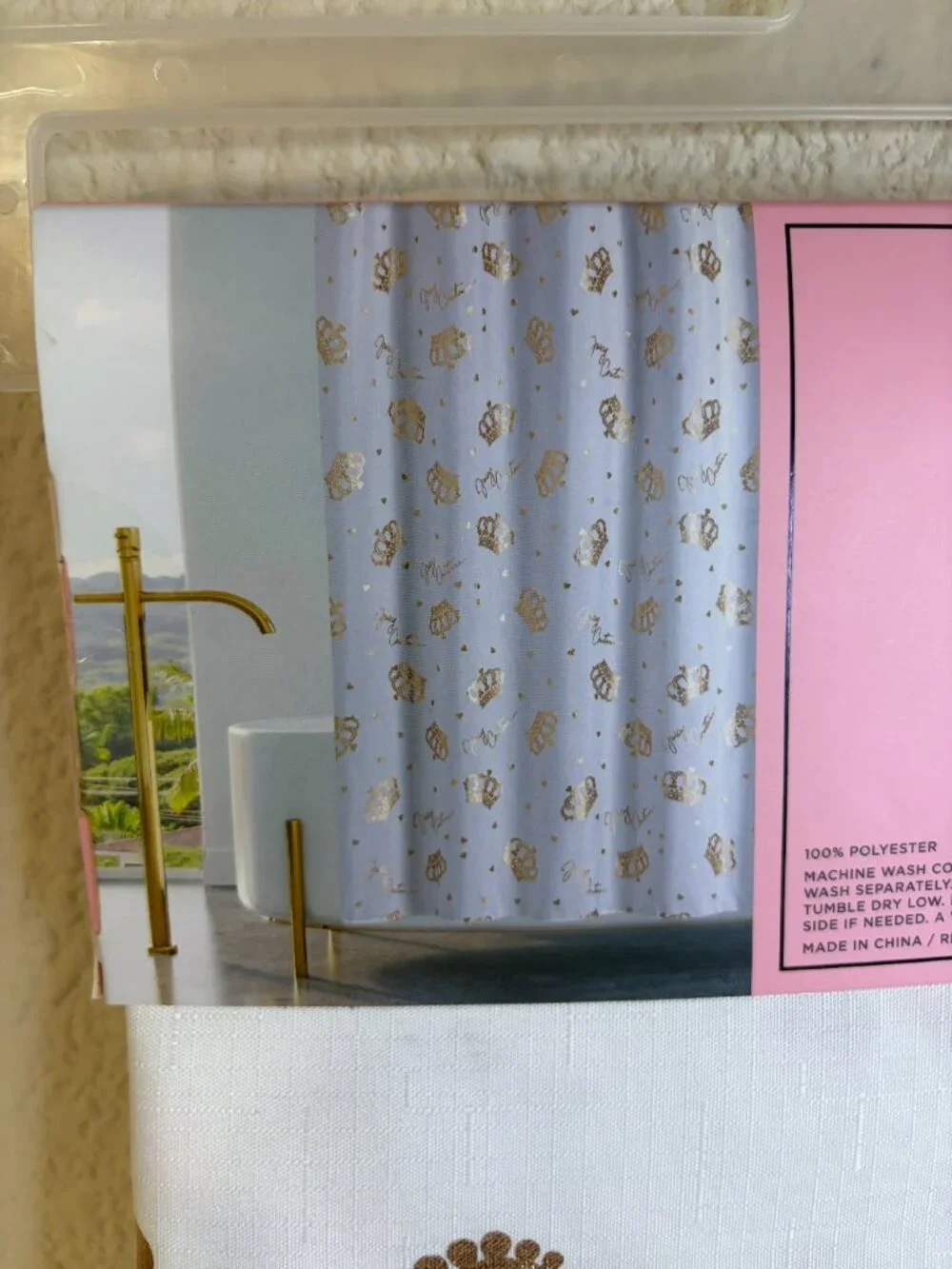 Juicy Couture Crown Heart Shower Curtain Rose Gold Hooks 70x72 NWT